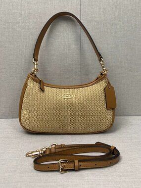 COACH CR350 Teri 2way Shoulder Bag Crossbody Straw Leather Latte